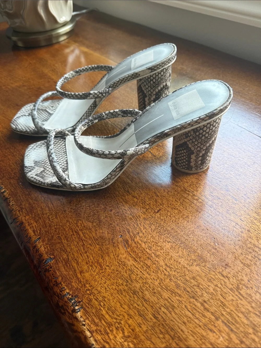 Dolce Vita Noles Snake-Print Leather Block Heel Sandals - White/Gray 8.5